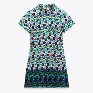 ZARA GEOMETRIC PRINT MOCK NECK SHORT SLEEVE MINI DRESS